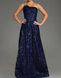 JOVANI One-shoulder Floral Lace A-line Gown in navy - women's dress