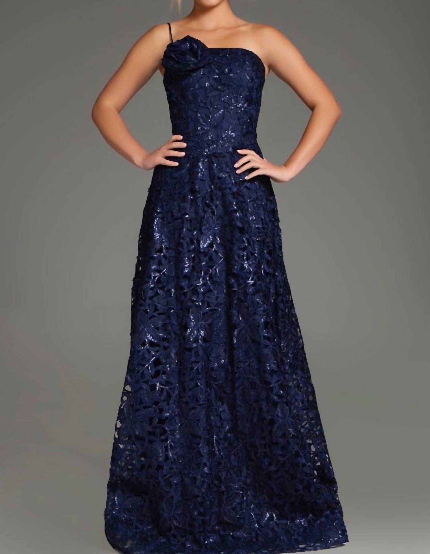 JOVANI One-shoulder Floral Lace A-line Gown in navy - women's dress