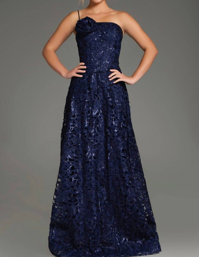 JOVANI One-shoulder Floral Lace A-line Gown in navy - women's dress