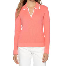 Kinross Tipped Rib Polo Top in coral - women's long sleeve top