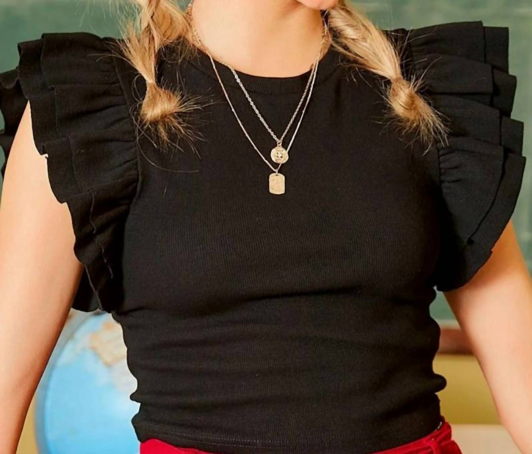 Day + Moon - Ruffle Shoulder Rib Top