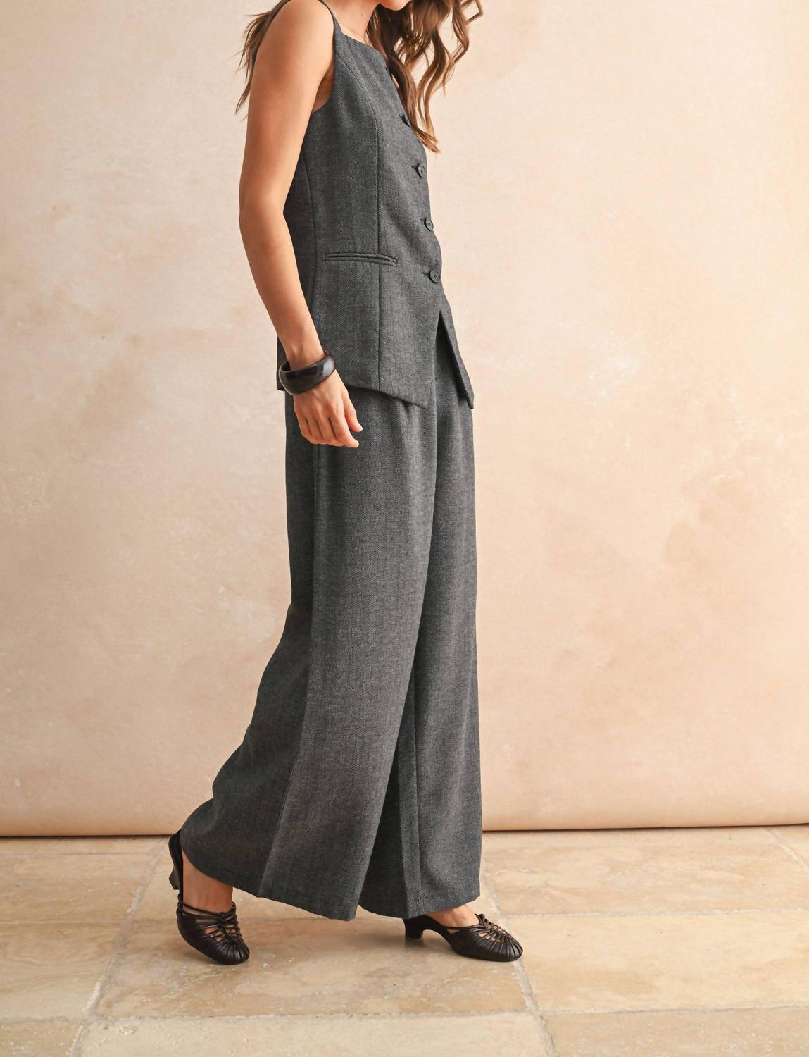 Miou Muse - Herringbone Pattern Wide Leg Trousers