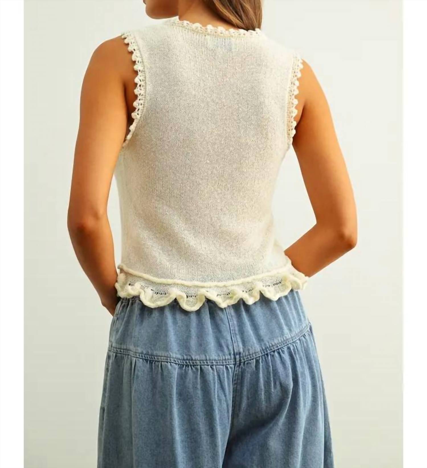Miou Muse - Lace Up Front Knit Top with Ruffled Hem