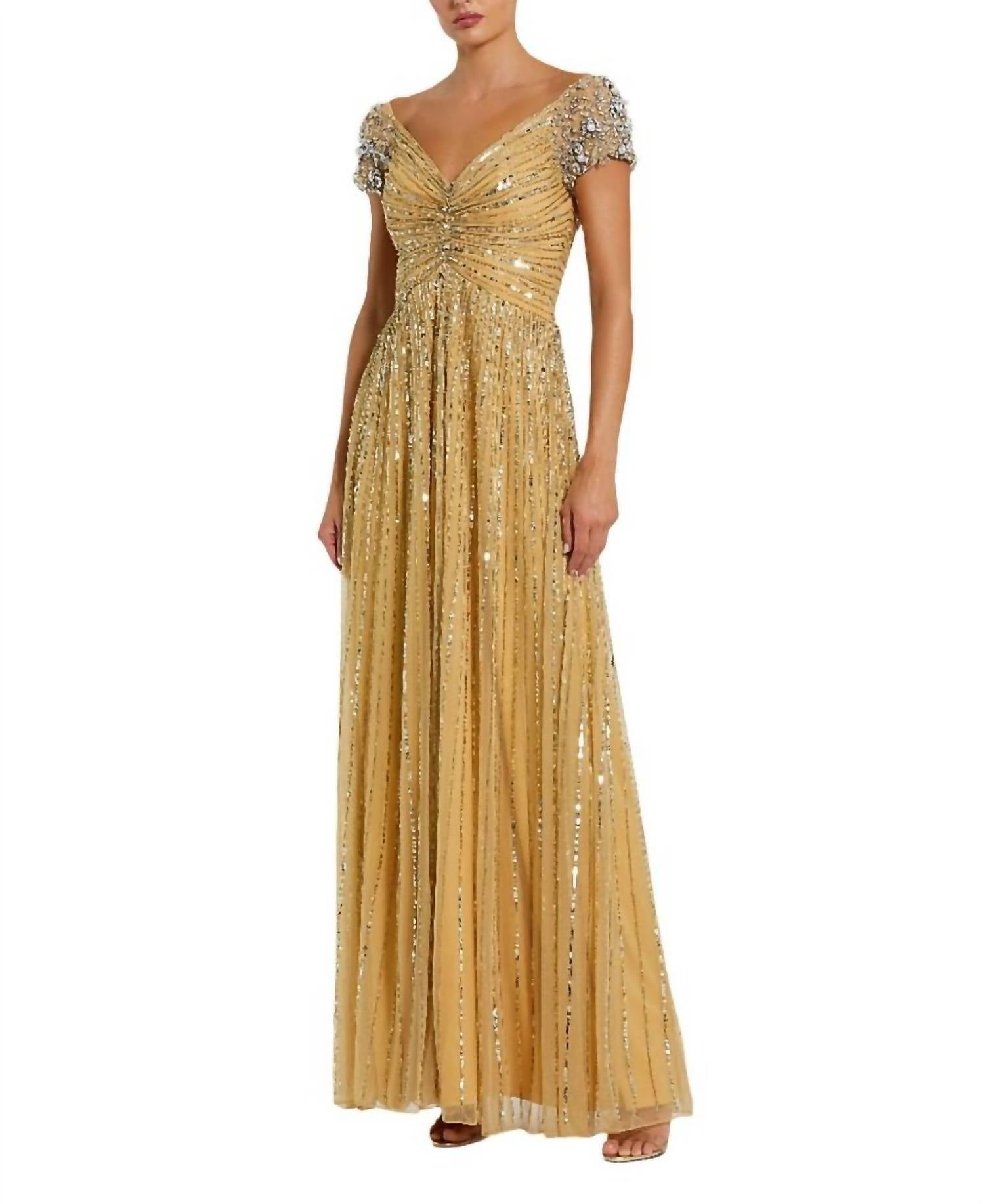 Mac Duggal - Sequined Evening Gown With Embellished Shoulders