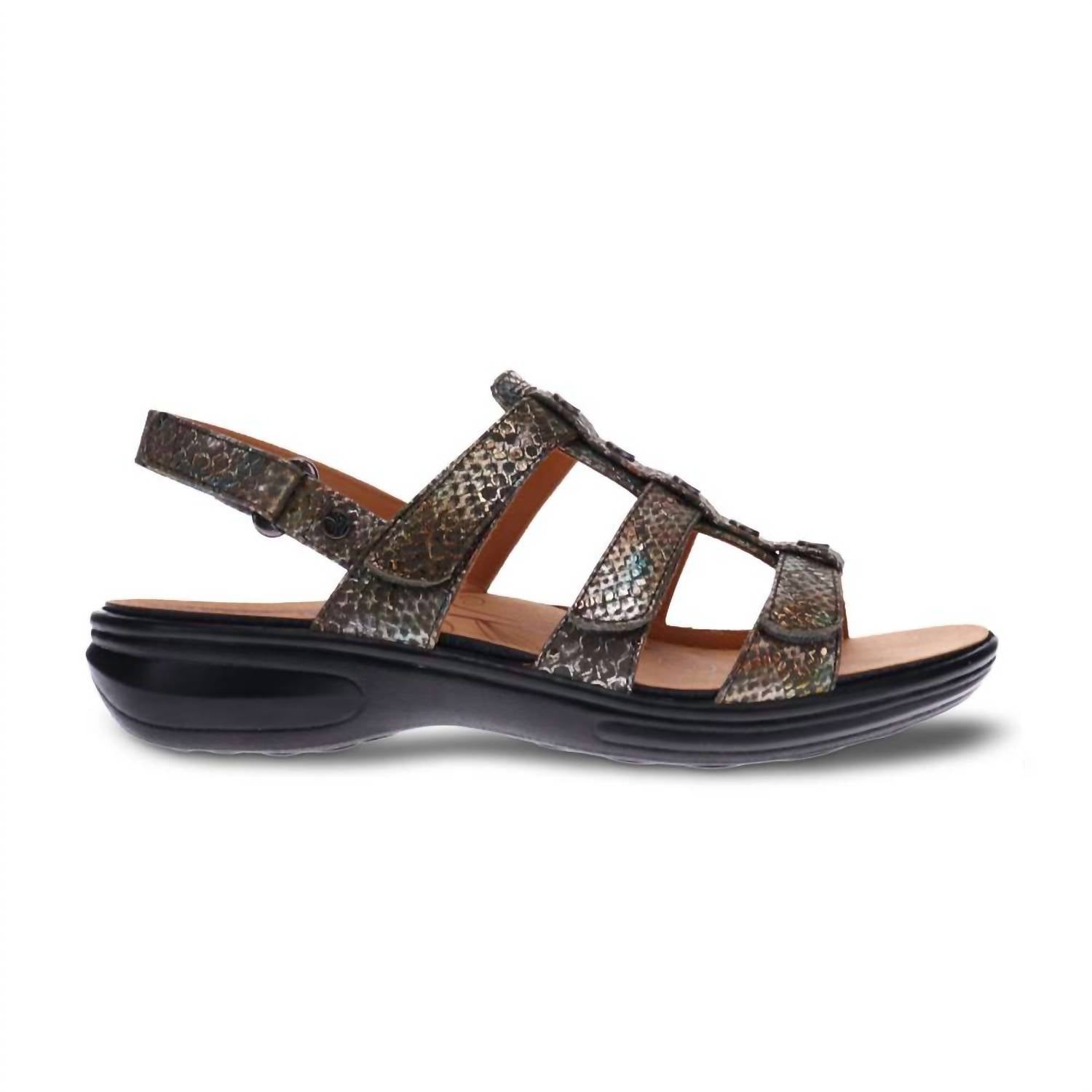 revere Women's Toledo Backstrap Sandal in peacock python - women's sandal - detail view