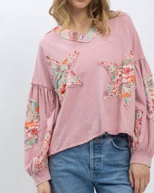 Blue Velvet - Patchwork Balloon Sleeve Top