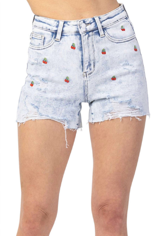 Cherry Embroidery High Rise Cut-Off Short