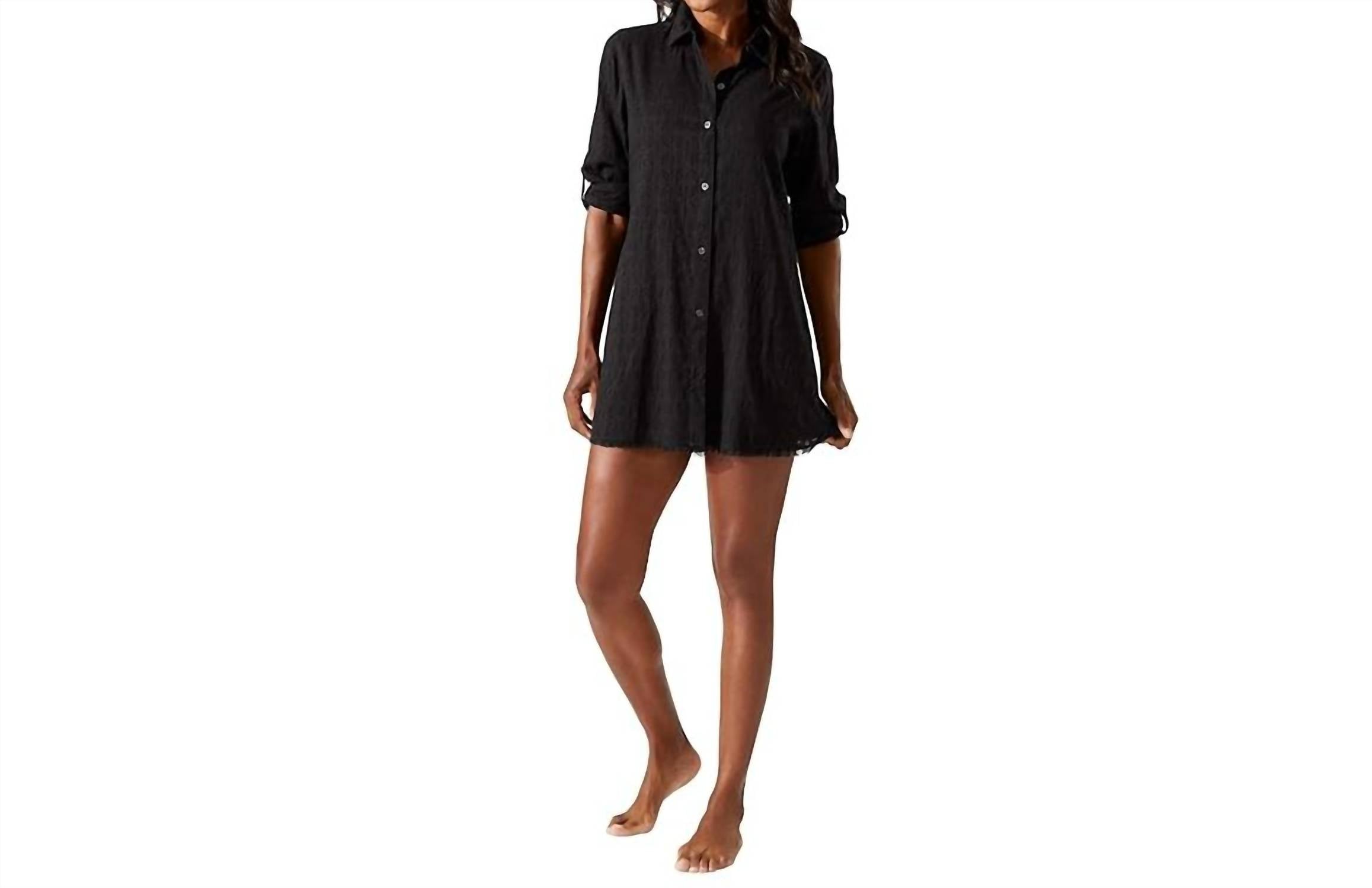 TOMMY BAHAMA Clip Jacquard Boyfriend Cover-up Shirt in black - women's shirt - detail view
