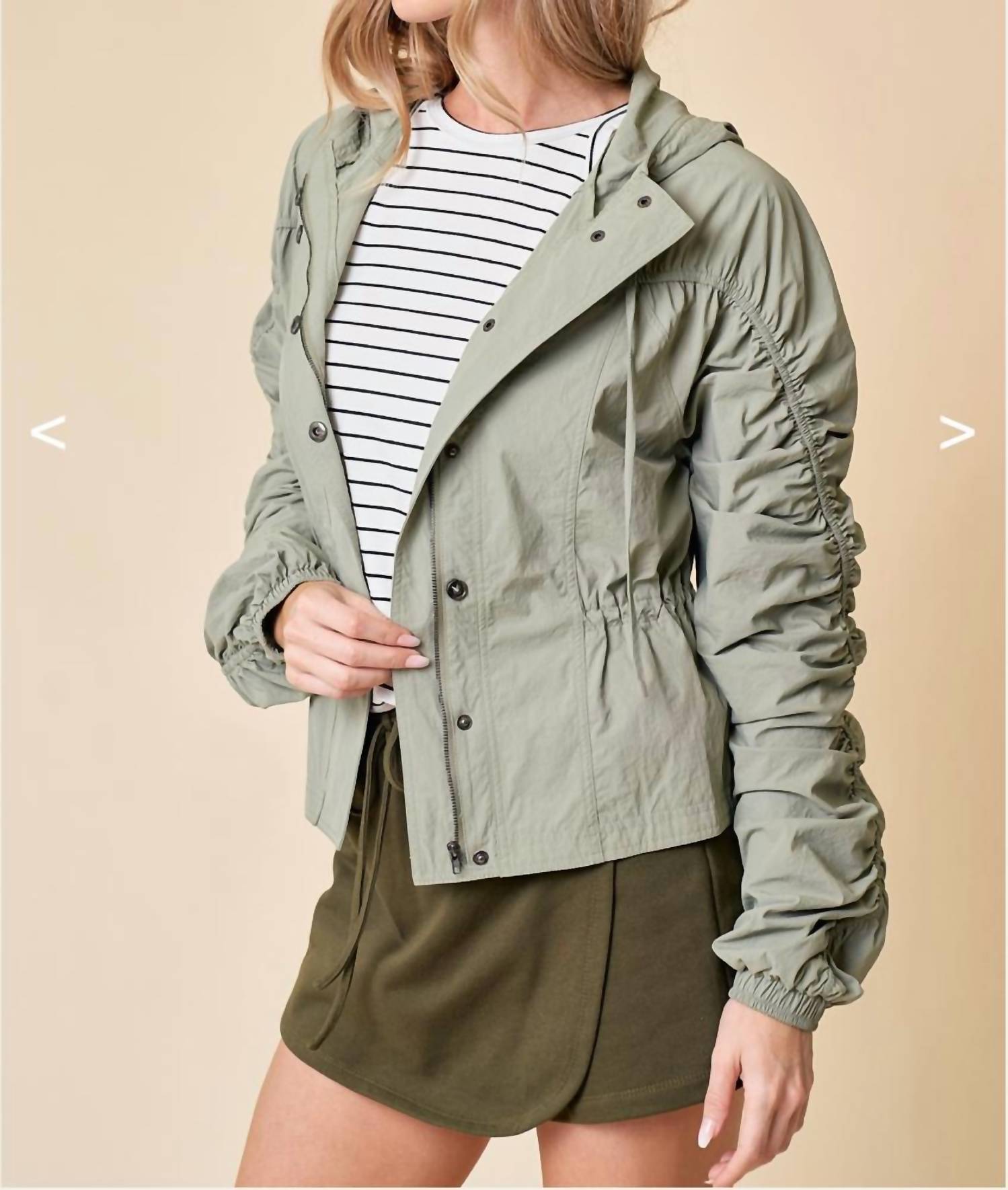 Doe and Rae Cinched Sleeve Parachute Jacket in moss green - women's jacket - alternate view