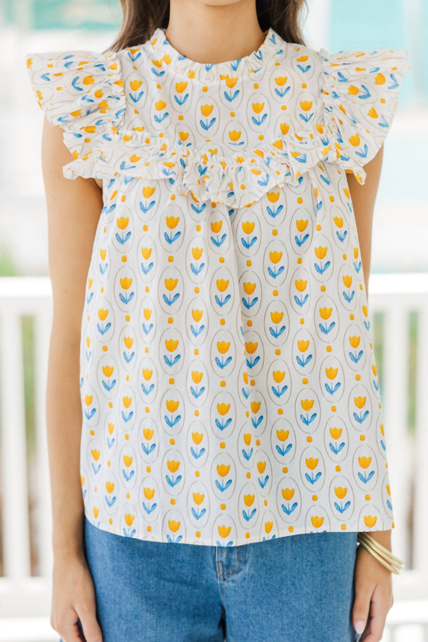 Style U - Tulip Printed Ruffled Sleeveless Top