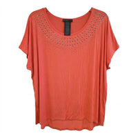 DESIGN HISTORY Women's Missy Studed Short Sleeve Top - Plus in coral - women's blouse