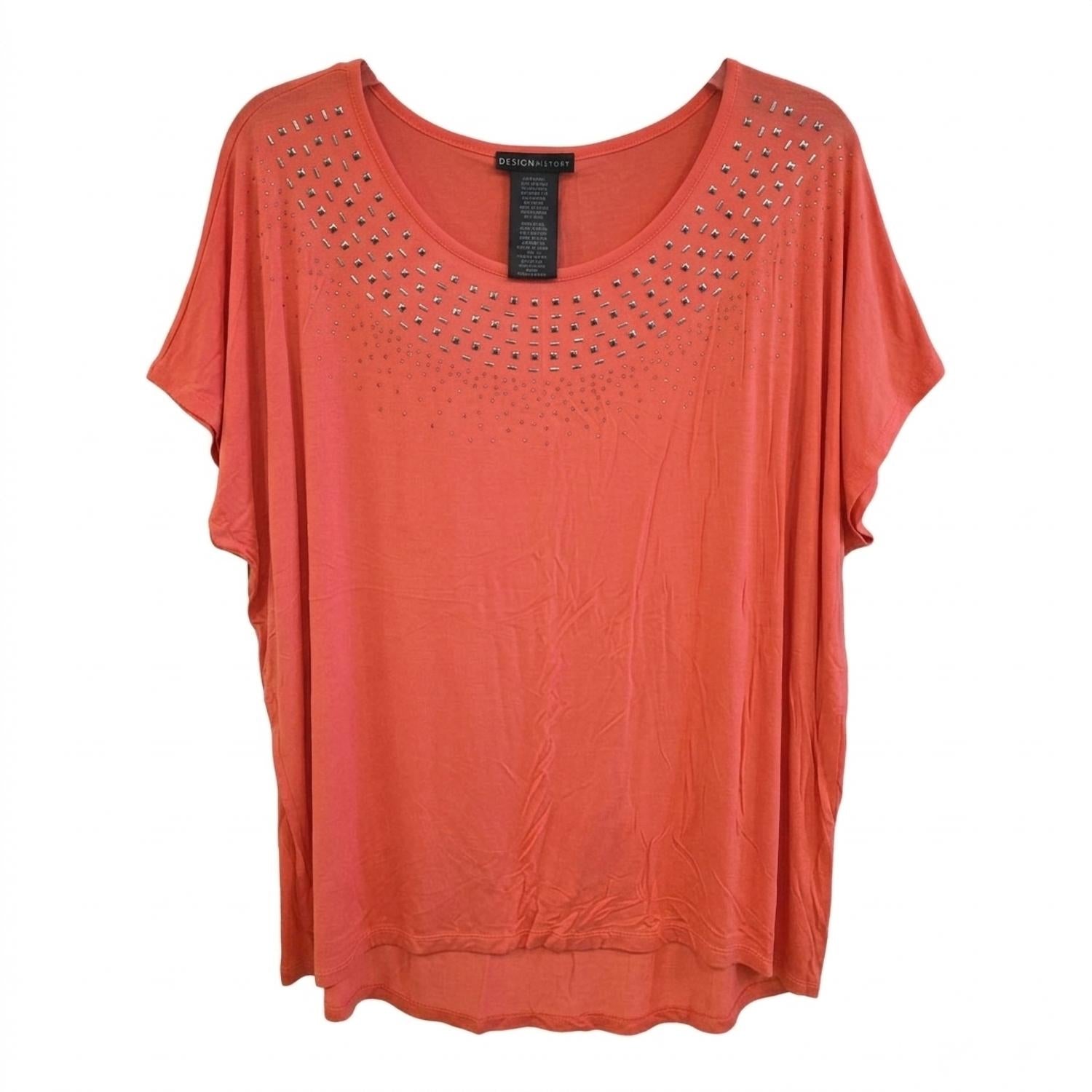 DESIGN HISTORY Women's Missy Studed Short Sleeve Top - Plus in coral - women's blouse