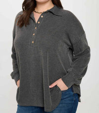 Blu Pepper - Pinstripe Collared Half Button Knit Top - Plus