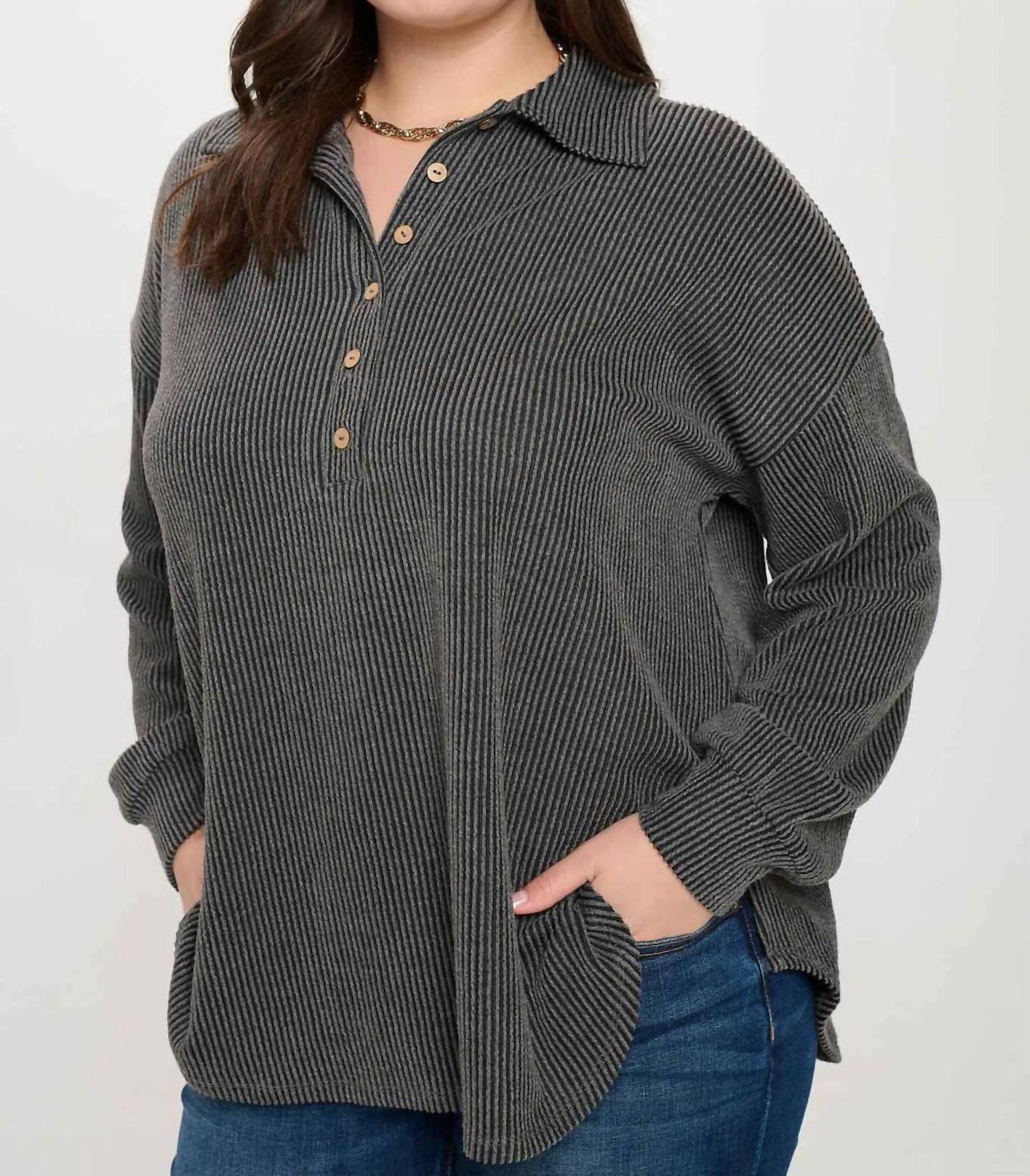 Blu Pepper - Pinstripe Collared Half Button Knit Top - Plus