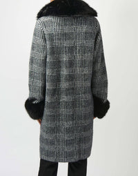 Joseph Ribkoff - Feather Yarn Plaid Jacquard Coat With Faux Fur Trim