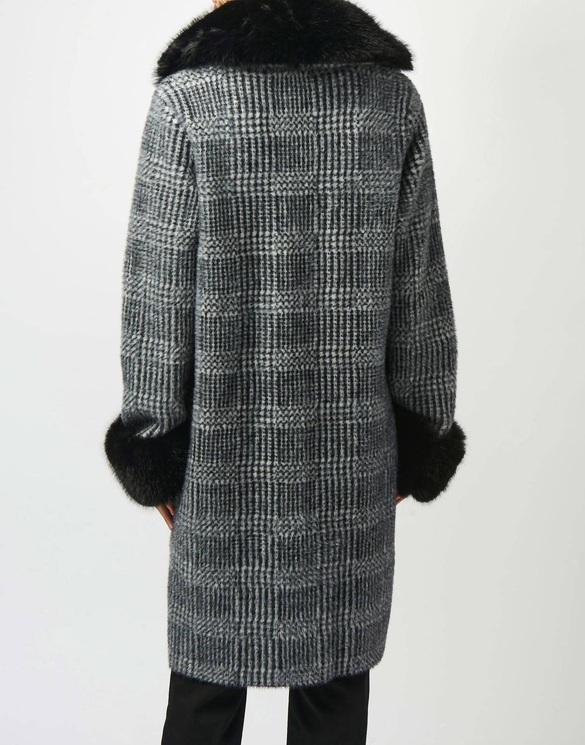 Joseph Ribkoff - Feather Yarn Plaid Jacquard Coat With Faux Fur Trim