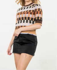 THML Autumn Textured Knit Sweater Top in brown multi - women's sweater - detail view