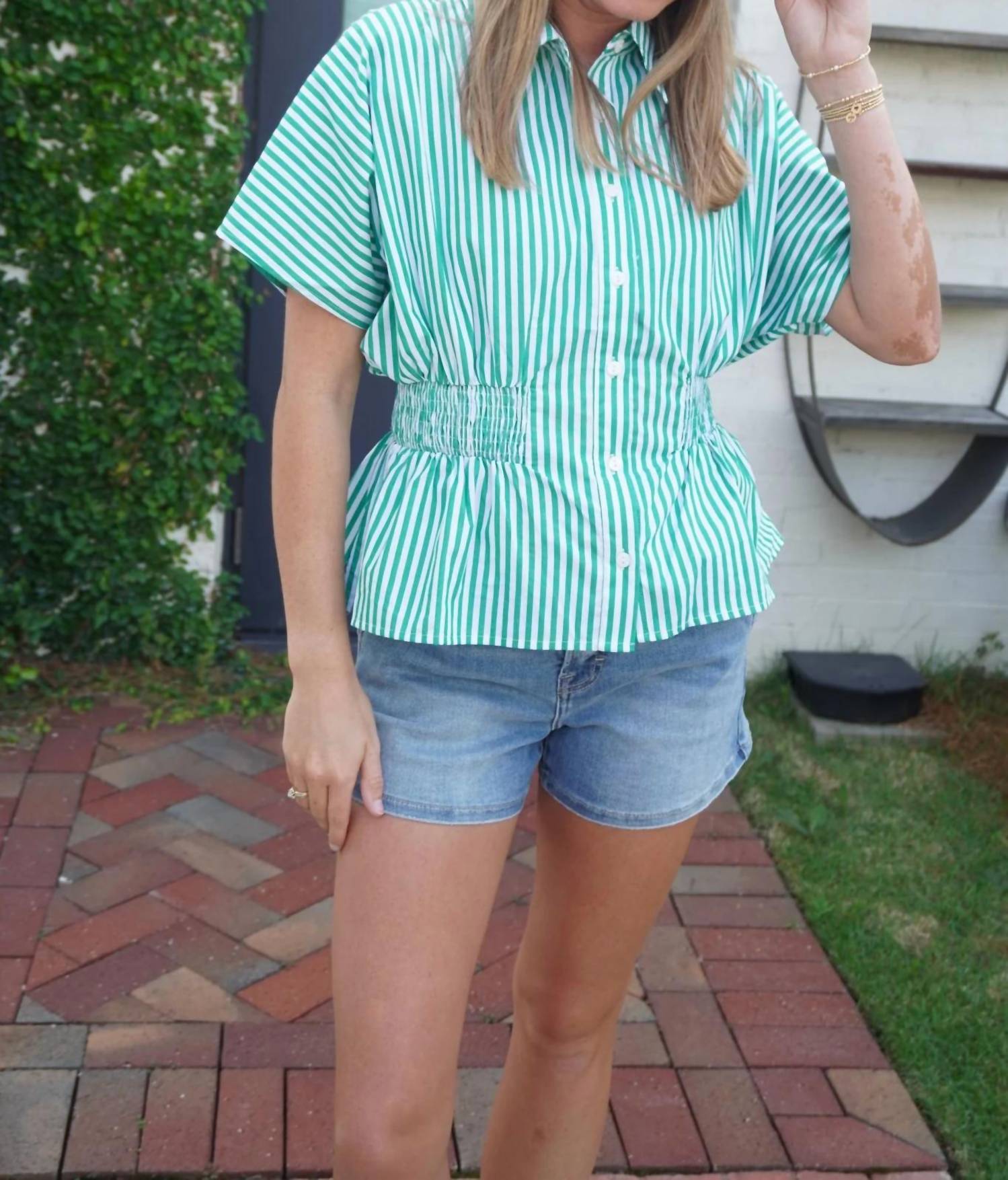 Anniewear - Striped Smocked Peplum Top
