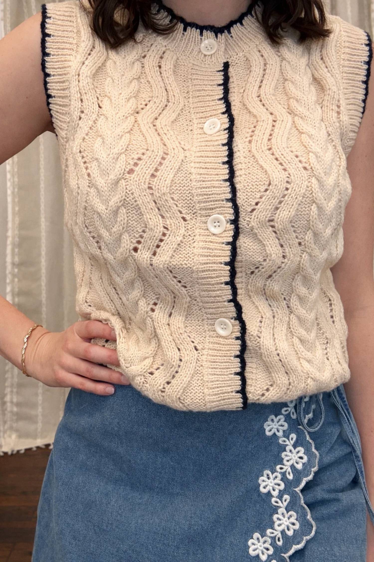 Sweet Lovely By Jen - Button-front Cable Knit Sleeveless Sweater