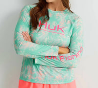 HUK Women's Aqua Dye Pursuit Long Sleeve Crew Tee in marine blue - women's long sleeve top - detail view