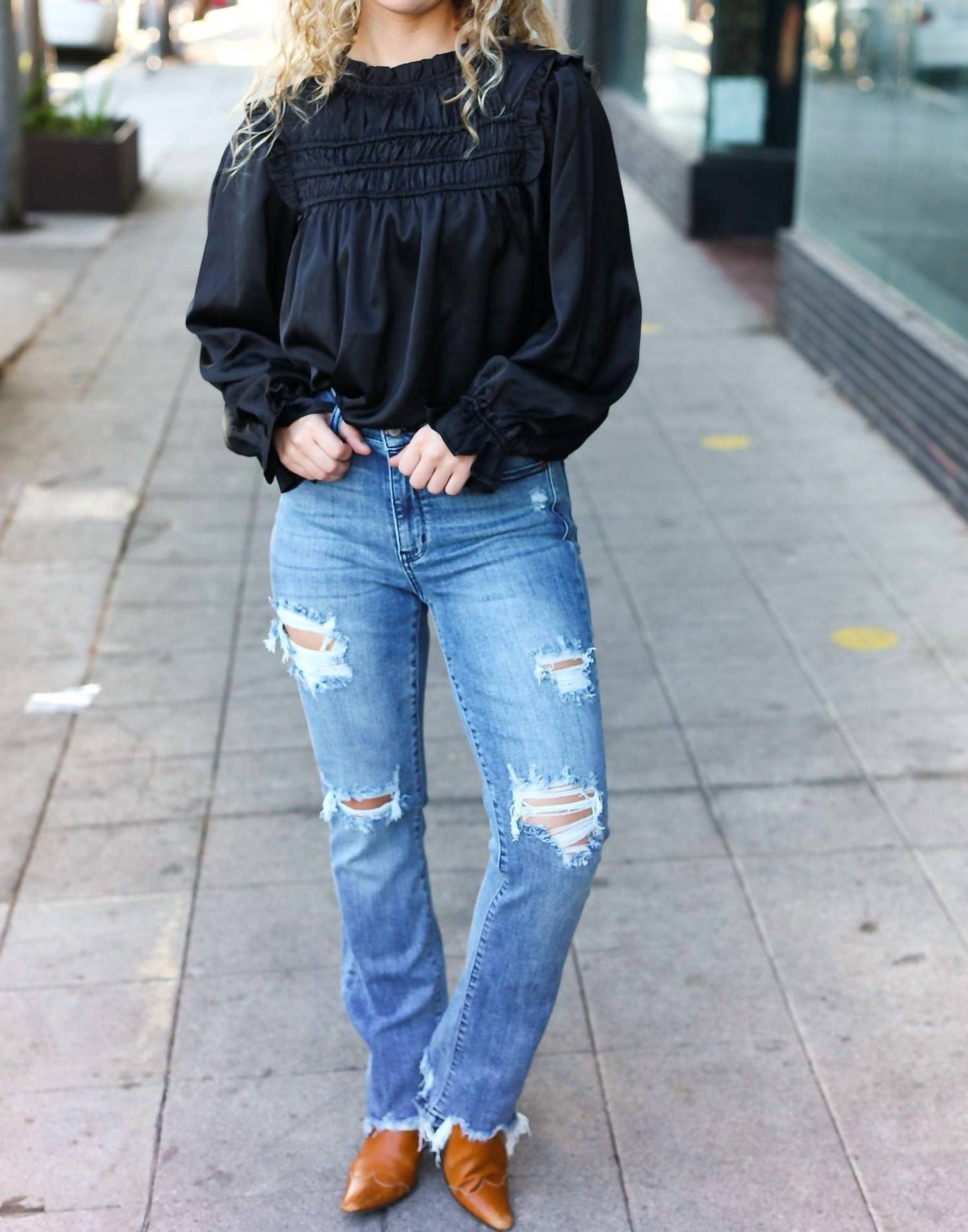 Haptics - Mock Neck Satin Long Sleeve Blouse