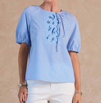 Current Air - Striped Embroidered Short Sleeve Blouse