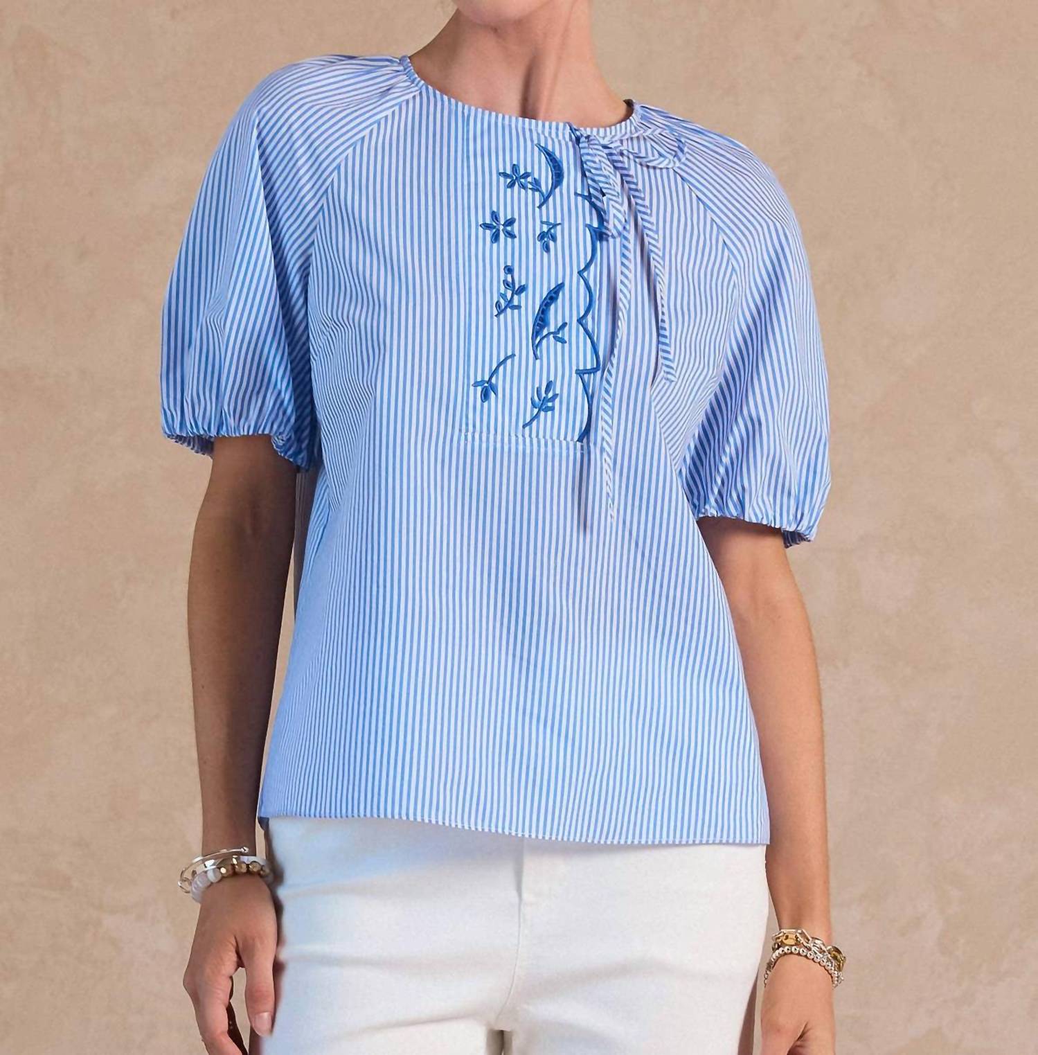 Current Air - Striped Embroidered Short Sleeve Blouse