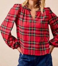 Bibi - Christmas Plaid Balloon Sleeved Top