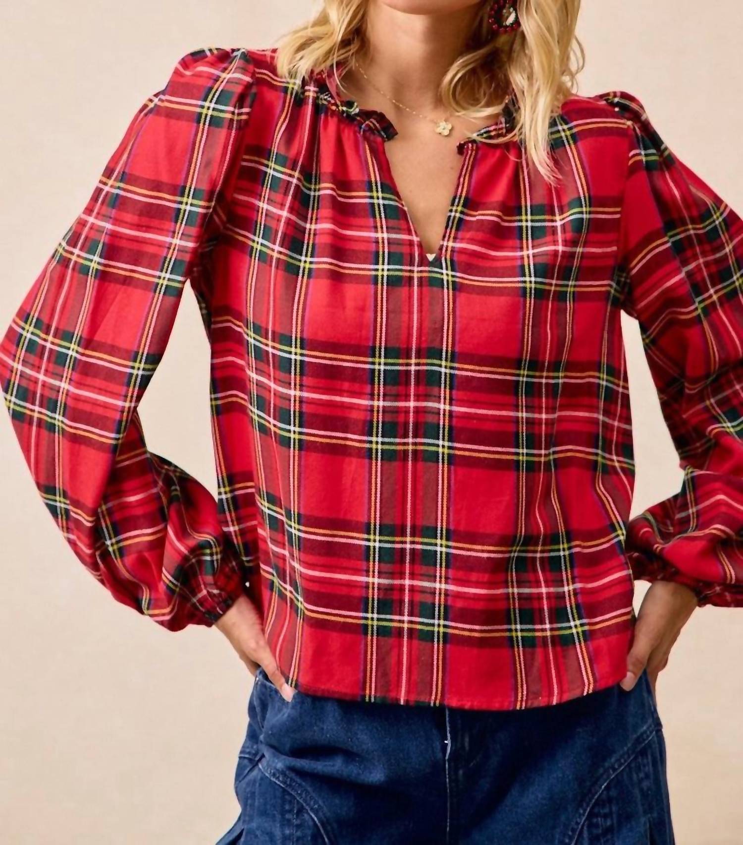 Bibi - Christmas Plaid Balloon Sleeved Top
