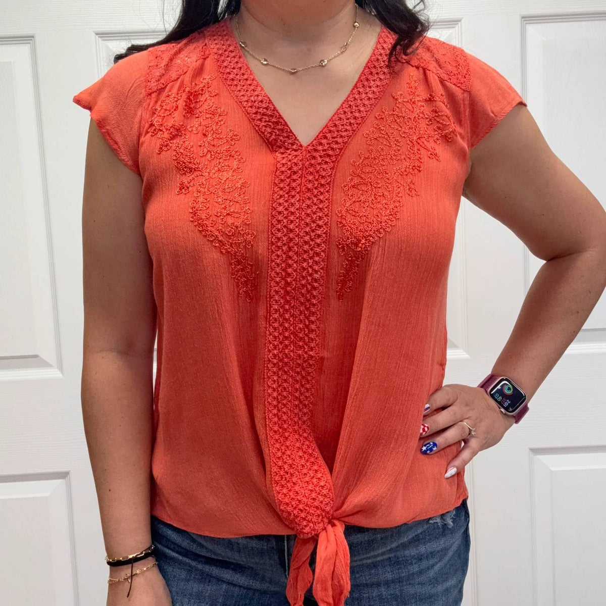 Nostalgia - V Neck Tie Waist Top With Embroidery And Lace