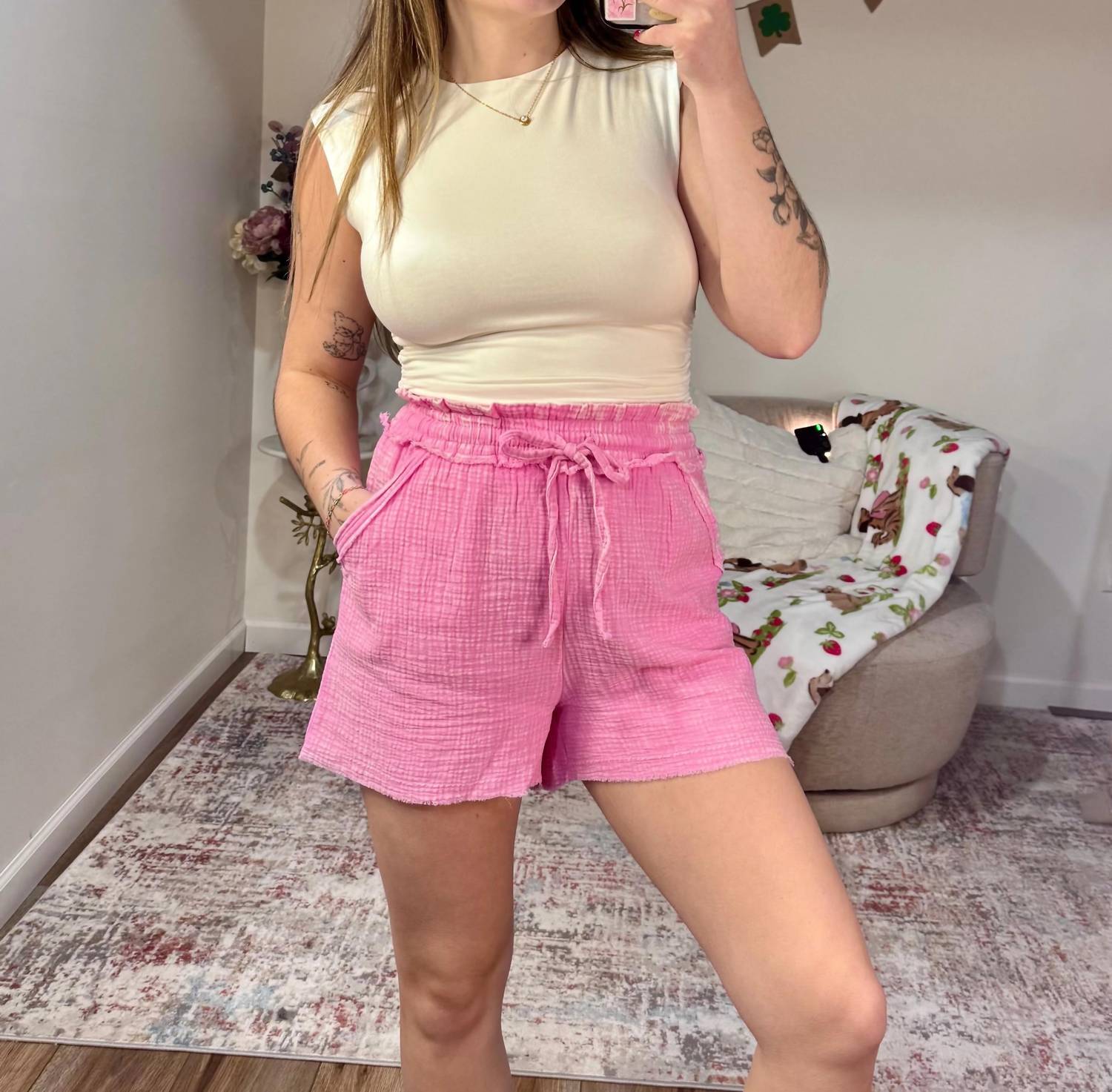 Zenana - Pippa Washed Double Gauze Frayed Hem Drawstring Shorts