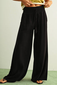 Miou Muse - Cotton Linen Smocked Waist Pants With Tassel