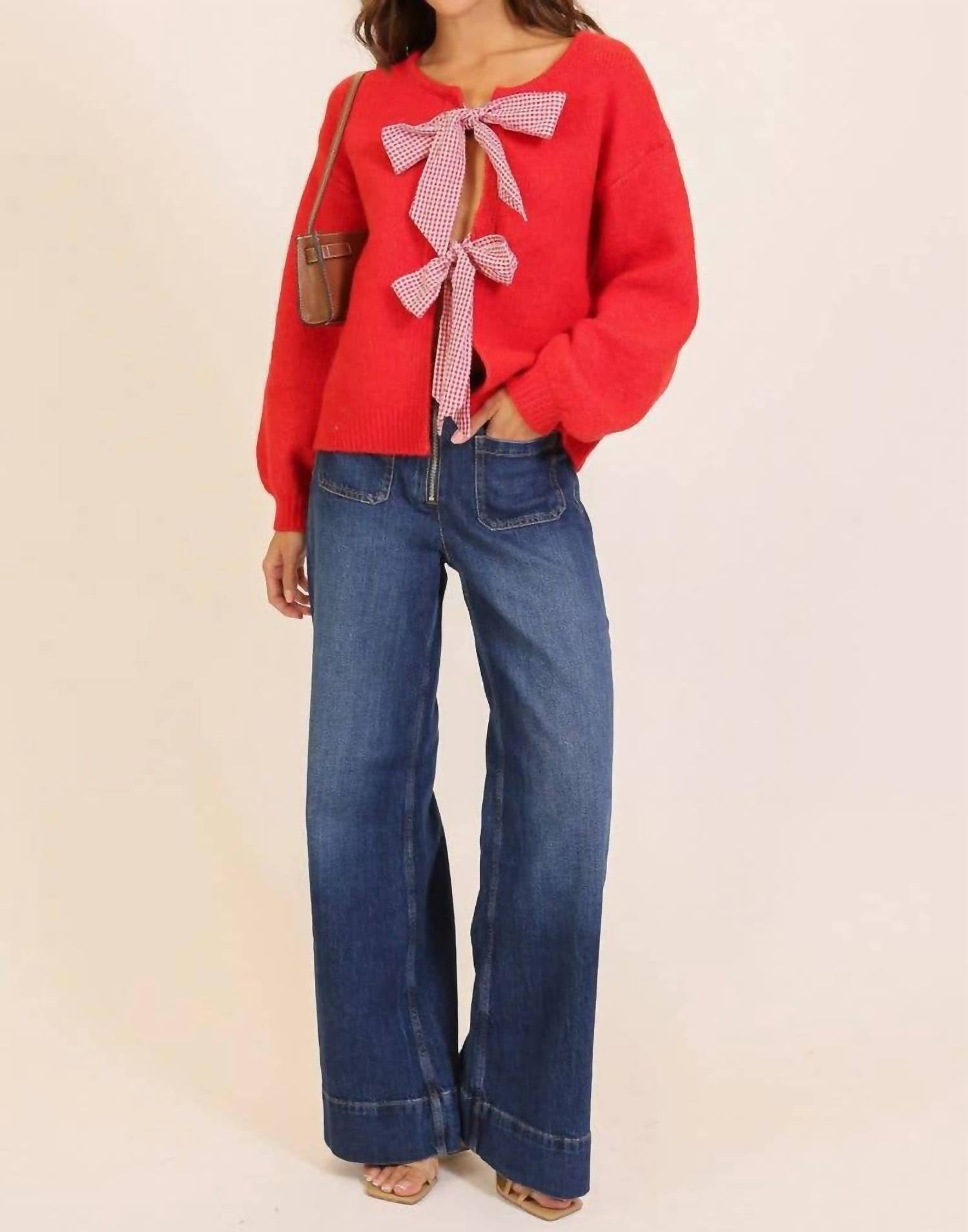 Lumiere - Tilly Gingham Bow Tie Knit Sweater
