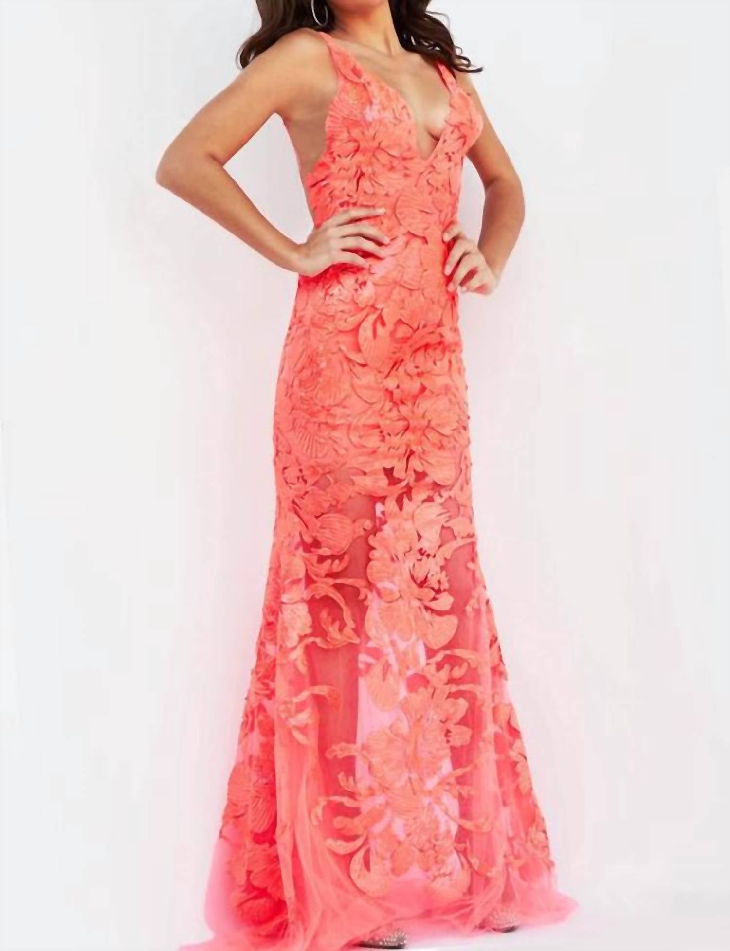 Jovani - Plunging Neckline Embellished Prom Dress