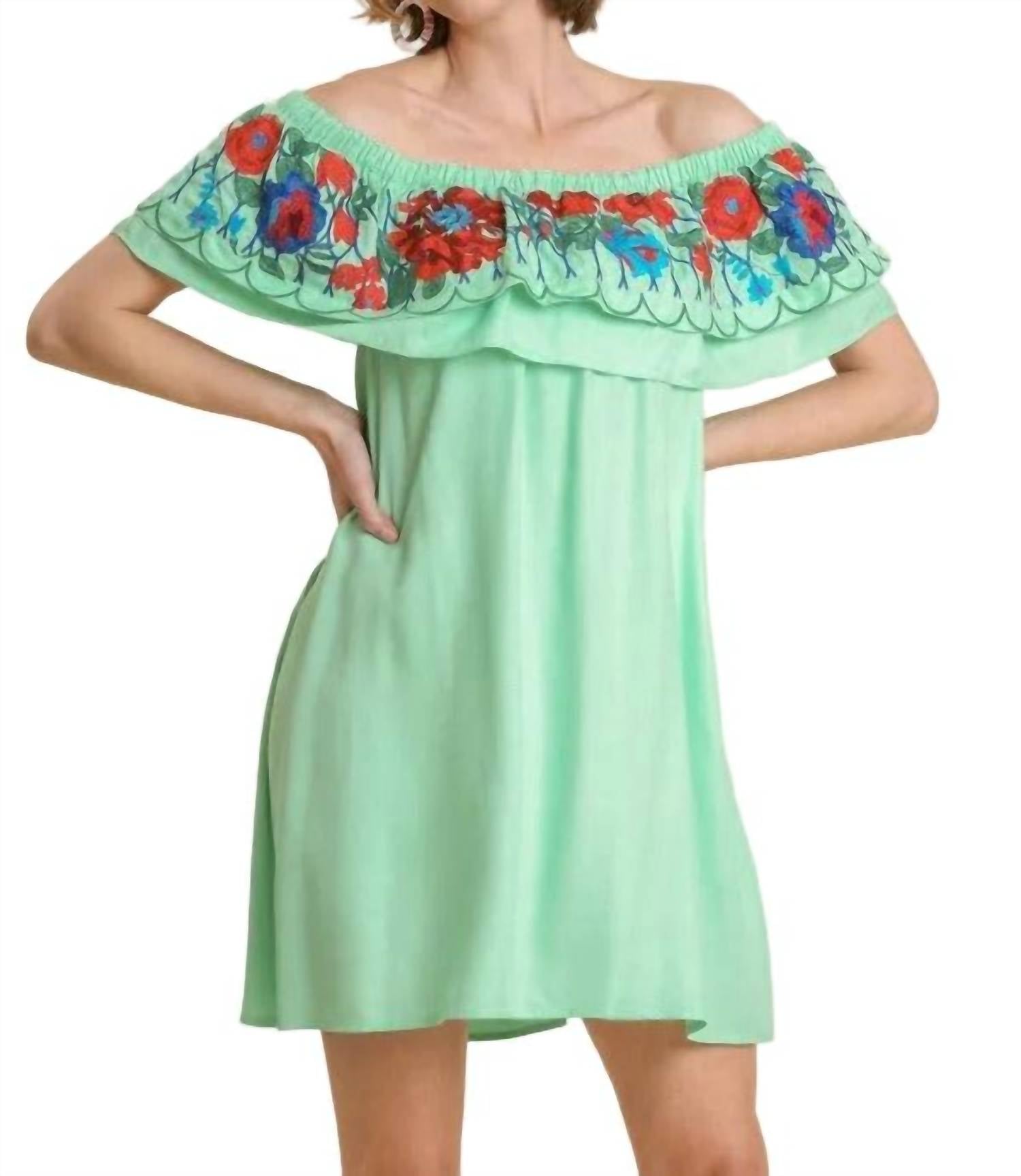 umgee Floral Embroidered Ruffled Dress in mint - women's dress