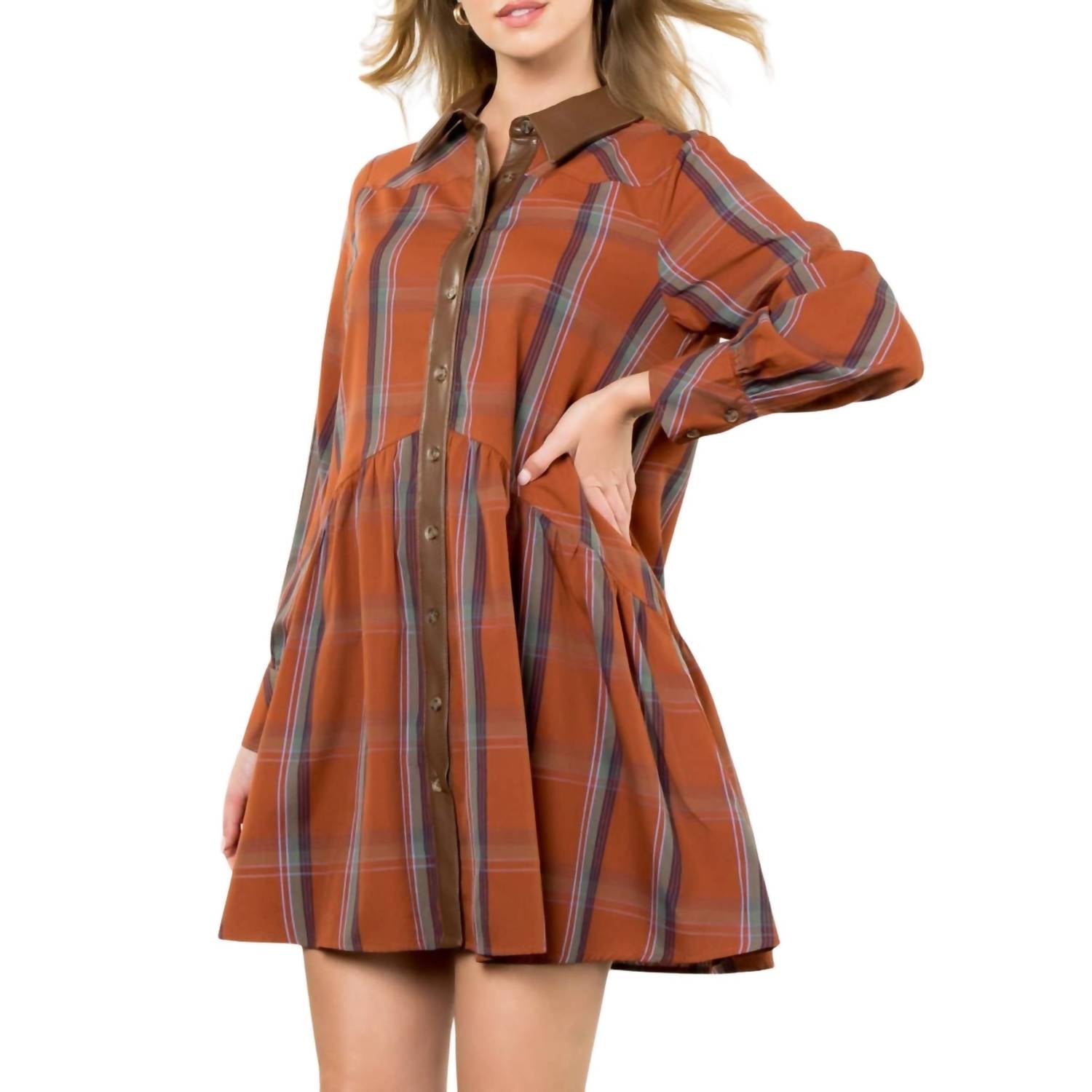 Thml - Plaid Contrast Leather Button Dress