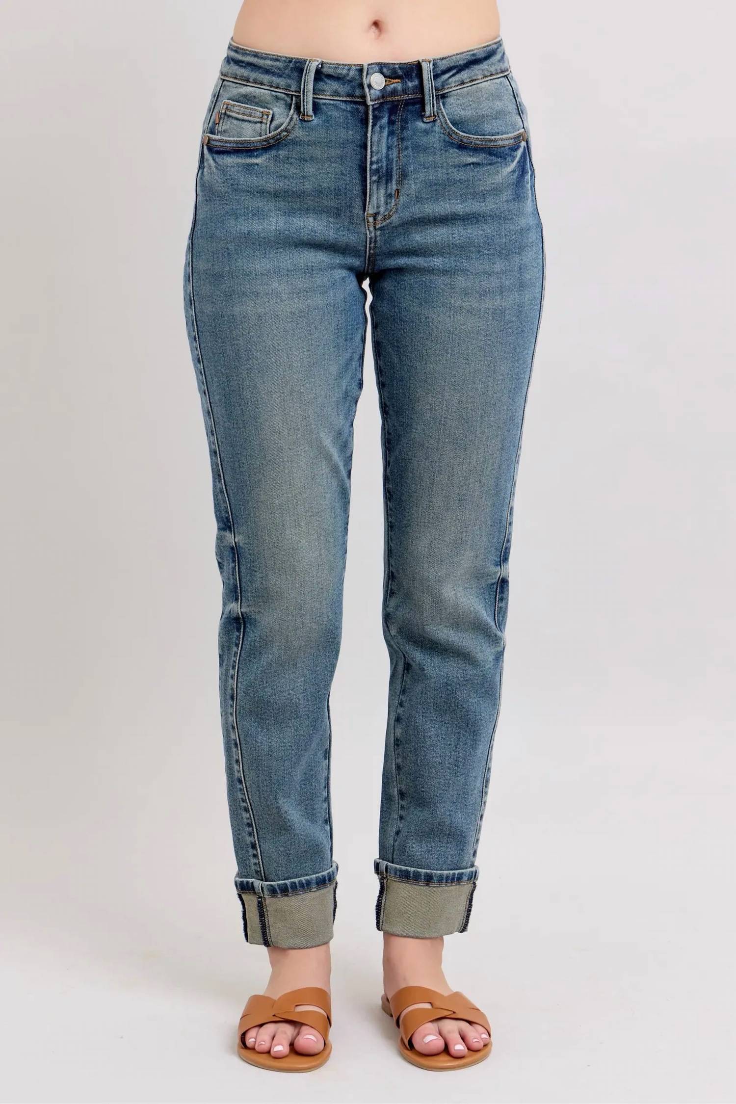 Judy Blue - Women's Melody Vintage Wash Panel Cuff Boyfriend Jeans