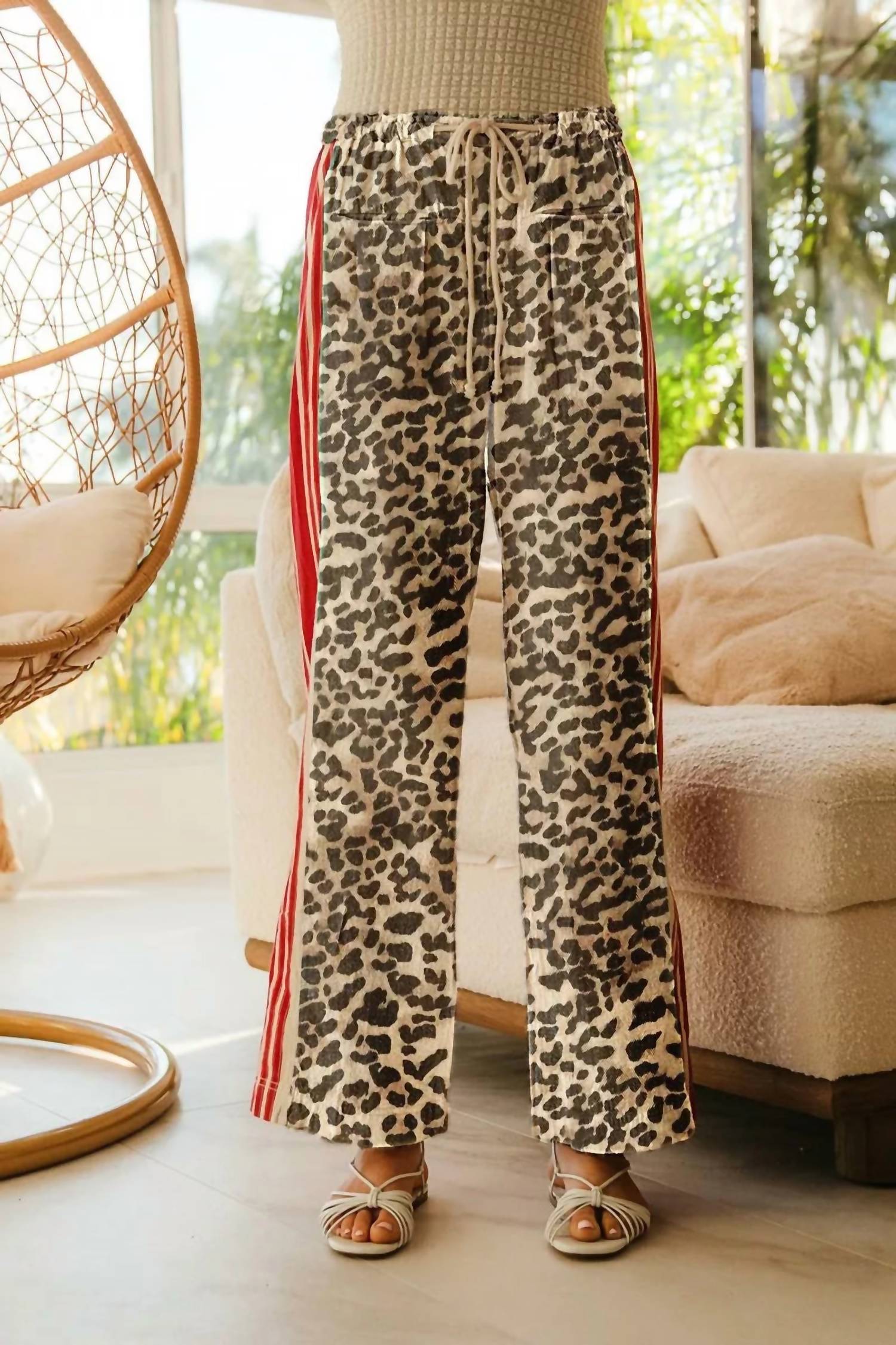 BiBi Bold Moves Drawstring Pants in leopard print - women's pants - detail view