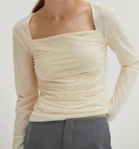 SKIES ARE BLUE Rushed Waist Long Sleeve Top in cream - women's long sleeve top