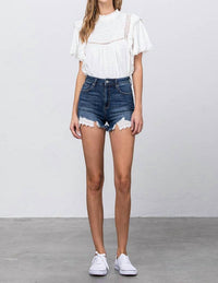 Insane Gene - High Rise Stretch Frayed Hem Lace Line Trim Shorts