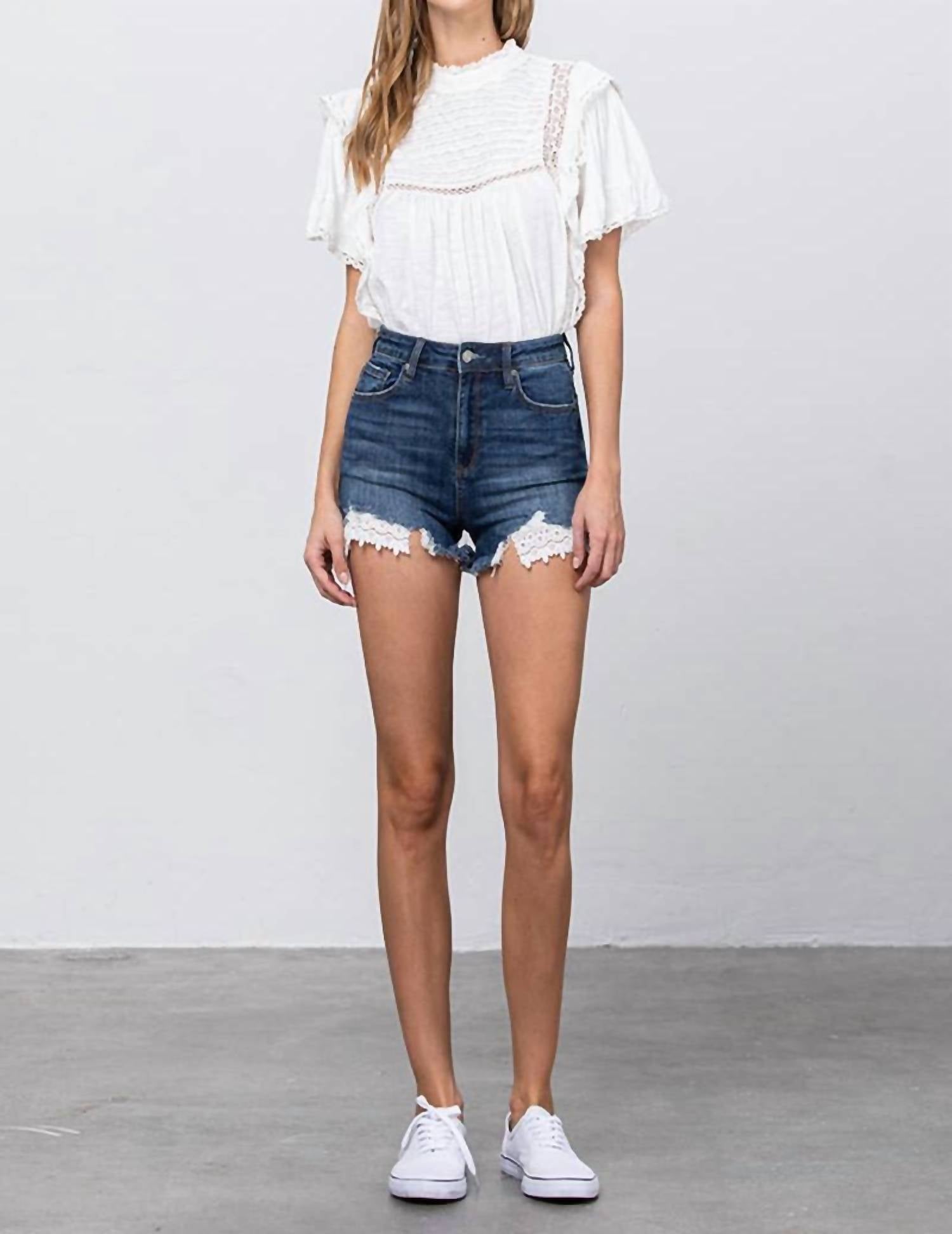 Insane Gene - High Rise Stretch Frayed Hem Lace Line Trim Shorts