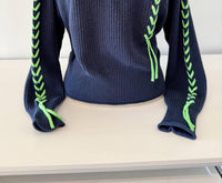 Wispr Women's Presley Plait Mock Neck Sweater in navy neon green - women's sweater