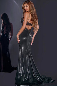 JOVANI Halter Neck Front Detailed Cut-out Prom Gown in black - women's dress - alternate view