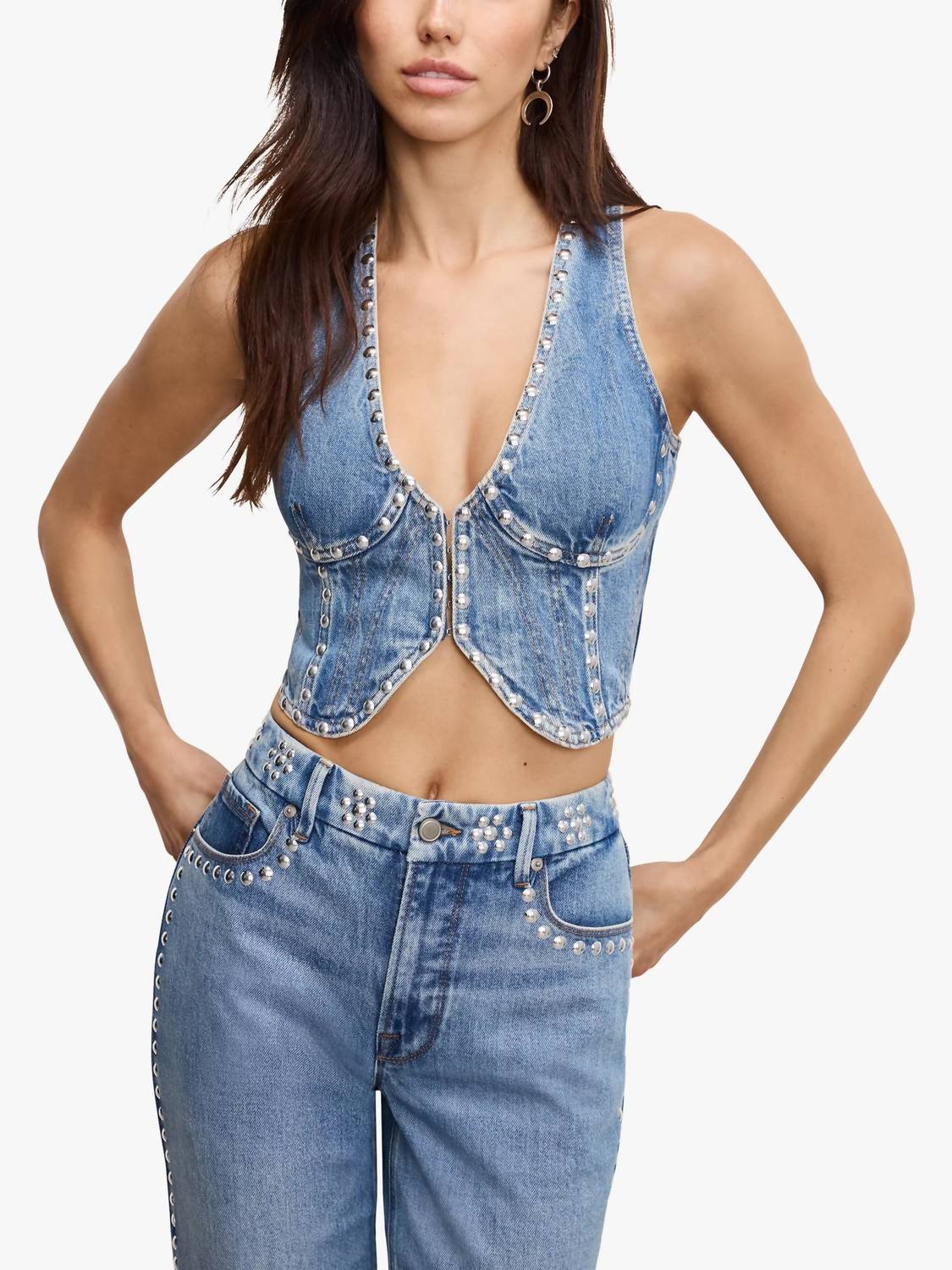 Good American - Studded V-neck Denim Vest