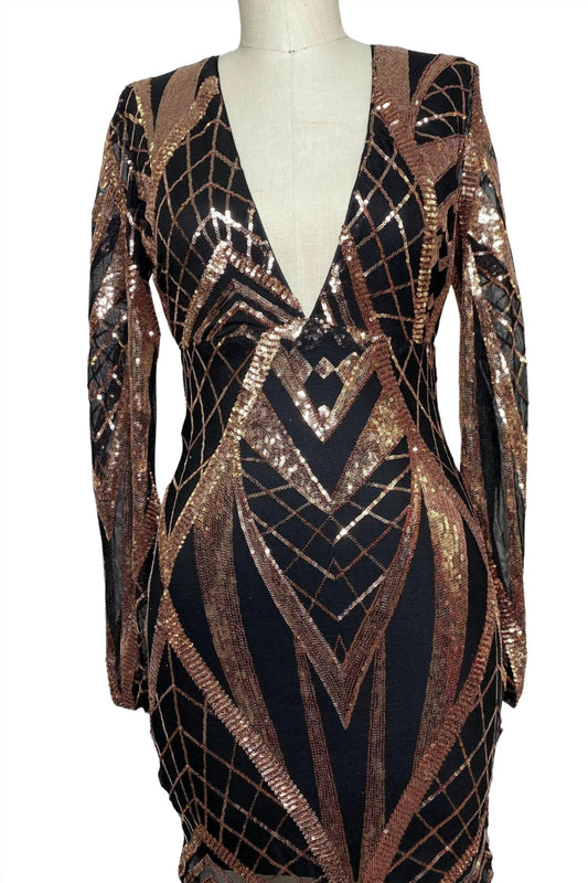 Black and Rose Gold Sequin Long Sleeve Mini Dress