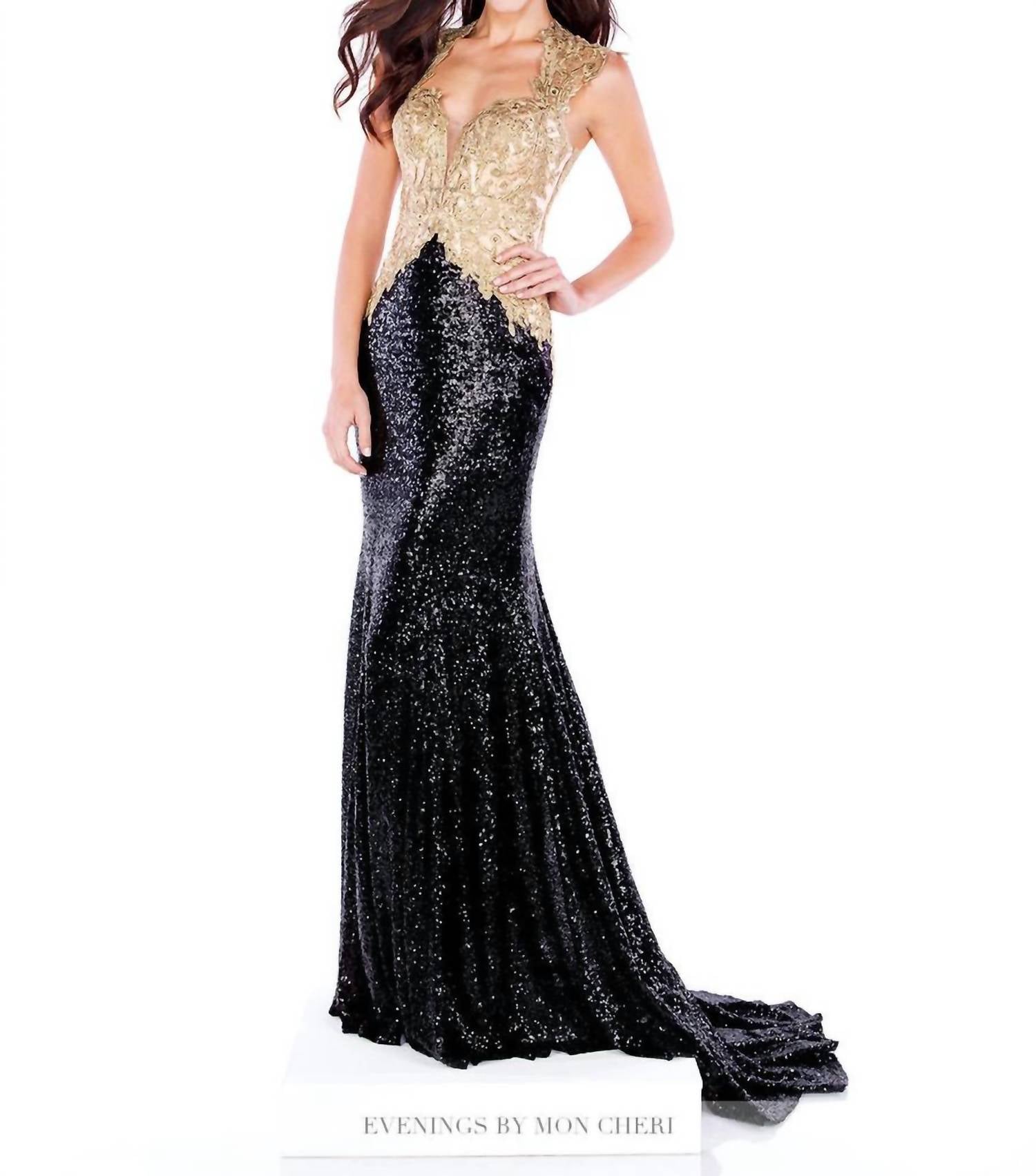 Social Occasions By Mon Cheri - Formal Black Gold Long Gown
