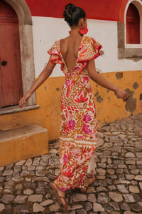 Rosa Clothing - Flutter Sleeve Print Maxi Dress