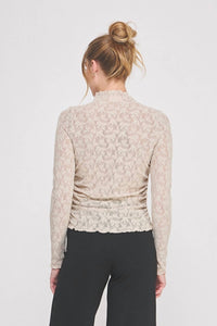 ALLIE ROSE Jacquard Lace Knit Ruched Mock Neck Top in beige 1 - women's long sleeve top - detail view