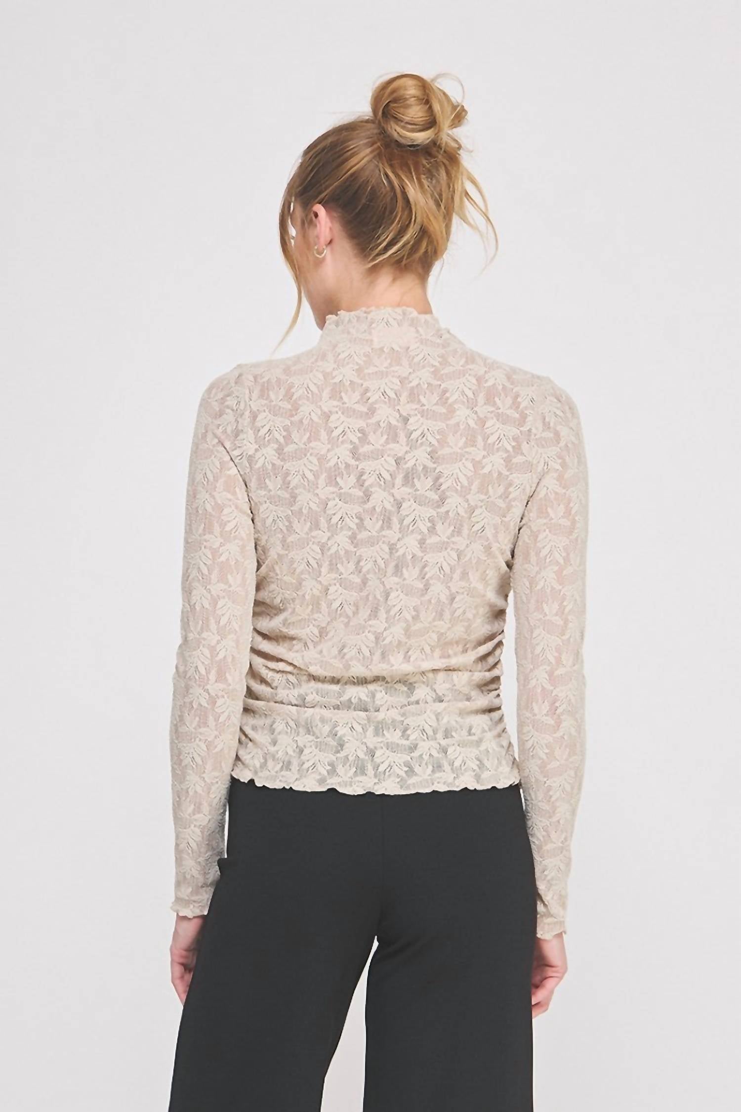 ALLIE ROSE Jacquard Lace Knit Ruched Mock Neck Top in beige 1 - women's long sleeve top - detail view