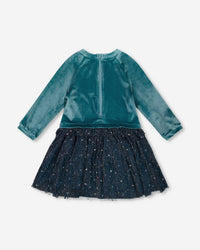 Deux Par Deux - Girl's Bi-material Velvet And Pleated Mesh Dress
